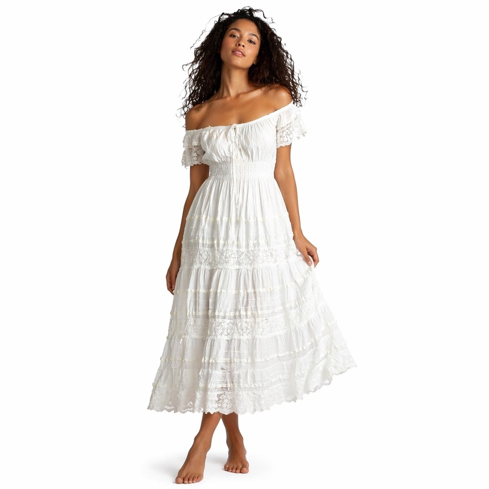 Vtg Women Off Shoulder Dress L White Small Boho Cottagecore Lace Tiered Fairy